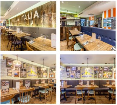 Bright, cozy Italian restaurant interiors with wooden tables and vibrant wall decor.