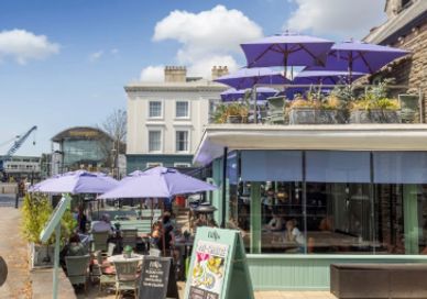 Outdoor café seating with purple umbrellas on a sunny day by the waterfront.