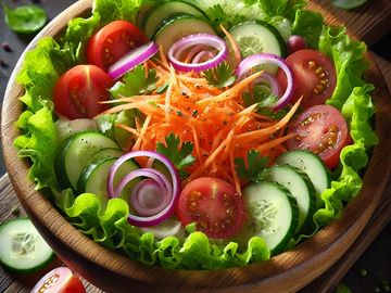 Fresh vegetable salad with lettuce, tomatoes, cucumbers, carrots, and onions in a wooden bowl.