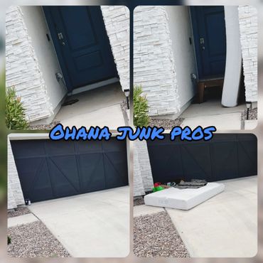 Before and after junk removal showing a clean driveway and porch area.