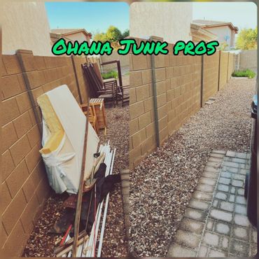 Before and after junk removal in a backyard alley.