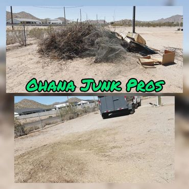 Before and after junk removal by Ohana Junk Pros in a desert area.