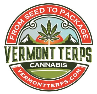 A circular logo reads "Vermont Terps Cannabis" in the center, with a hemp leaf between two peaks.