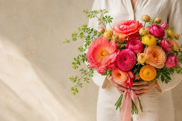 Vibrant coral, pink and yellow flowers held in hands, with the person’s face outside the frame.