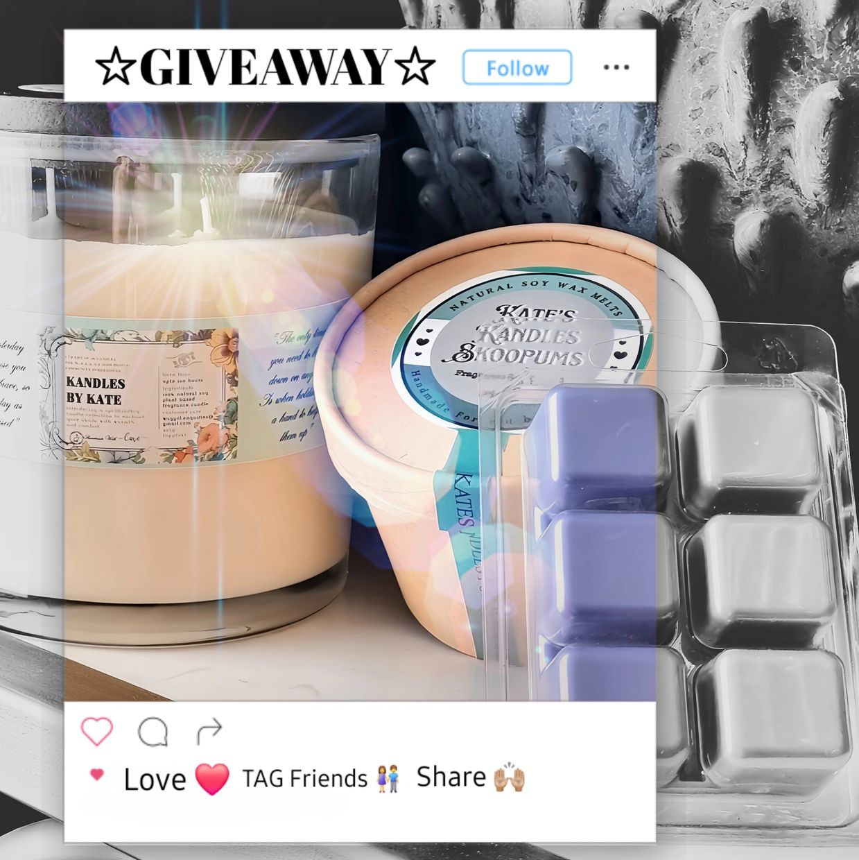 **GIVEAWAY**
KANDLES BY KATE
Luxury Ltd Edt Natural Soy 3 Wick Lg Candle, SKOOPUMS melts & Snap Bar