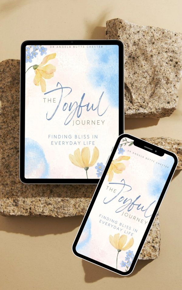 The Joyful Journey book cover by Dr Angela Chester blues, yellow, and green flowers. Peaceful and so