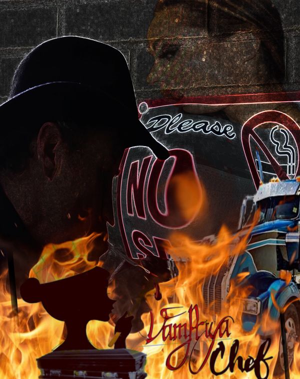 A dark, fiery collage featuring a shadowy figure, flames, and the text 'Vampira Chef'.