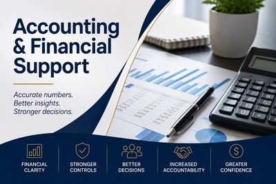 Workspace with calculator & financial charts. Accounting and Financial Support