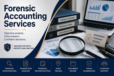 Charts and graphs with a magnifying glass. Forensic Accounting Services