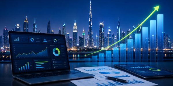 Laptop and tablet showing rising financial charts with city skyline at night.