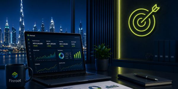 A laptop with financial data displayed, set against a night cityscape and office decor with a neon target symbol.