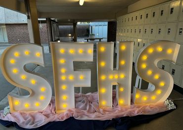Large illuminated letters spelling SFHS with soft pink and navy fabric.