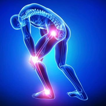 Figure of man with spots of light on his hip, knee and ankle joints showing painful areas
