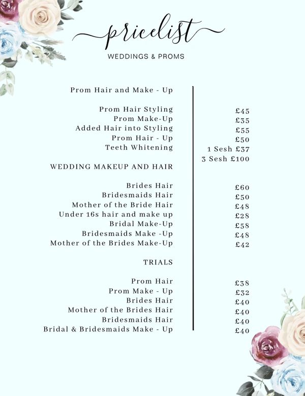 Elegant pricelist for weddings and proms with hair, makeup, and teeth whitening services.