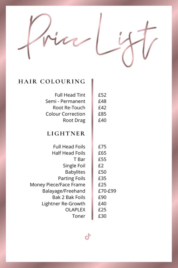 Hair colouring and lightner price list with detailed services and costs.