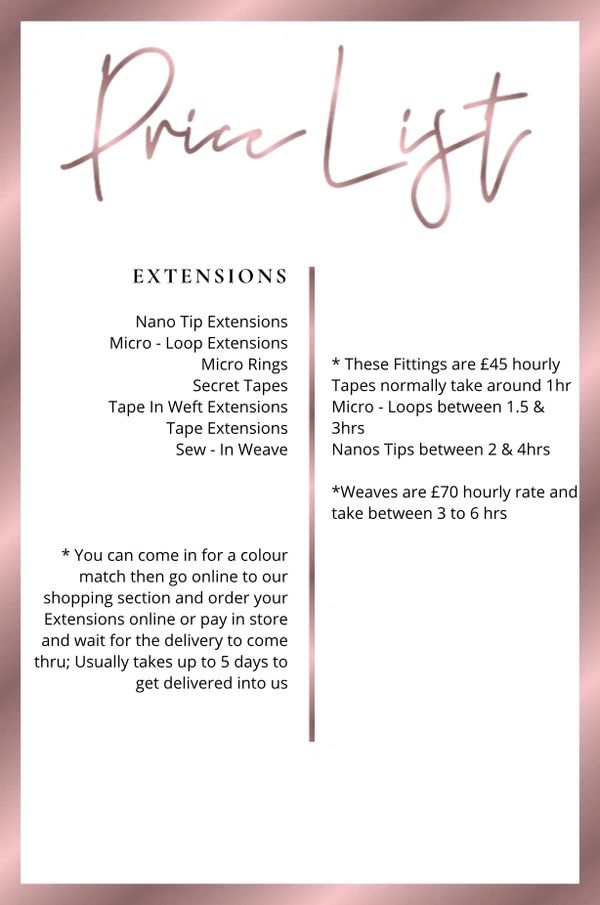 Price list for hair extensions and fitting services with hourly rates and delivery information.