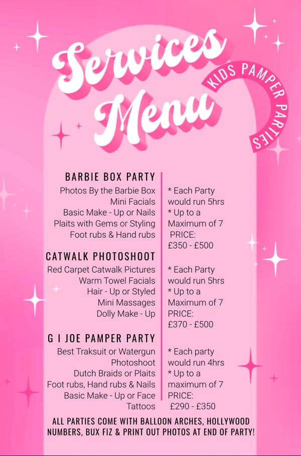 Kids pamper party services menu with various themed packages and prices.