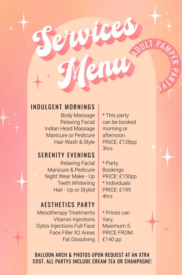 Adult pamper party services menu with indulgent mornings, serenity evenings, and aesthetics party options.