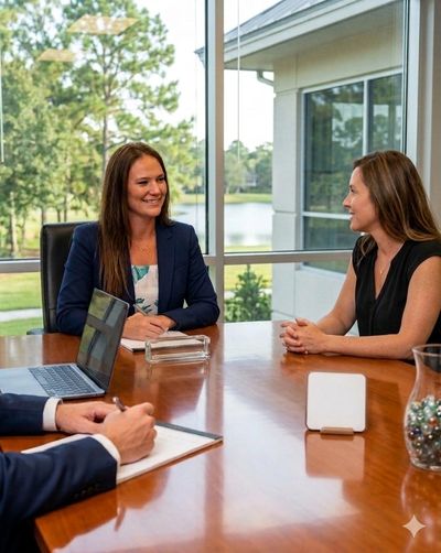 Two women engaged in a business meeting at a conference table with a man taking notes.