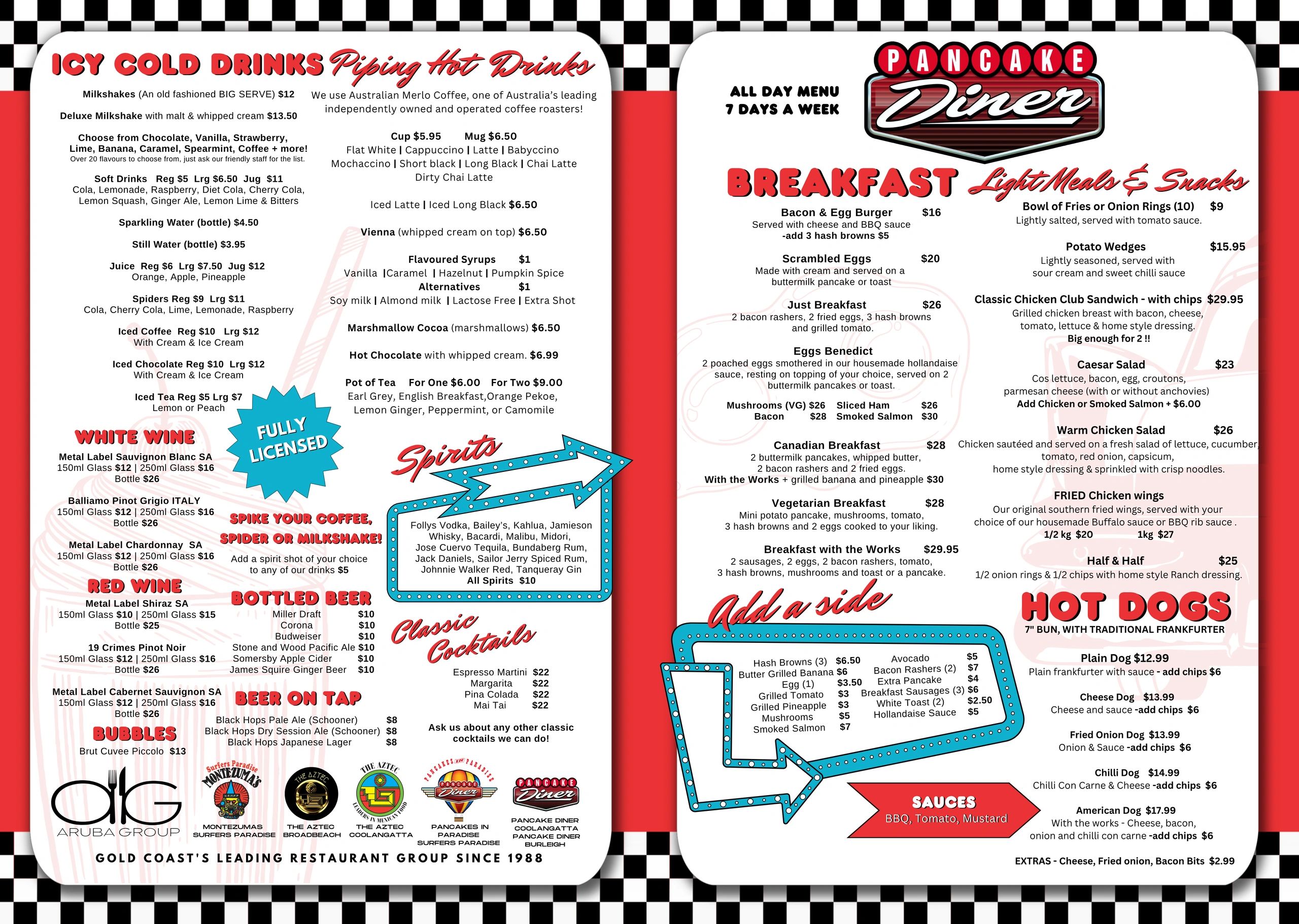 Menu featuring breakfast items, cold and hot drinks, wines, beers, and hot dogs at Pancake Diner.