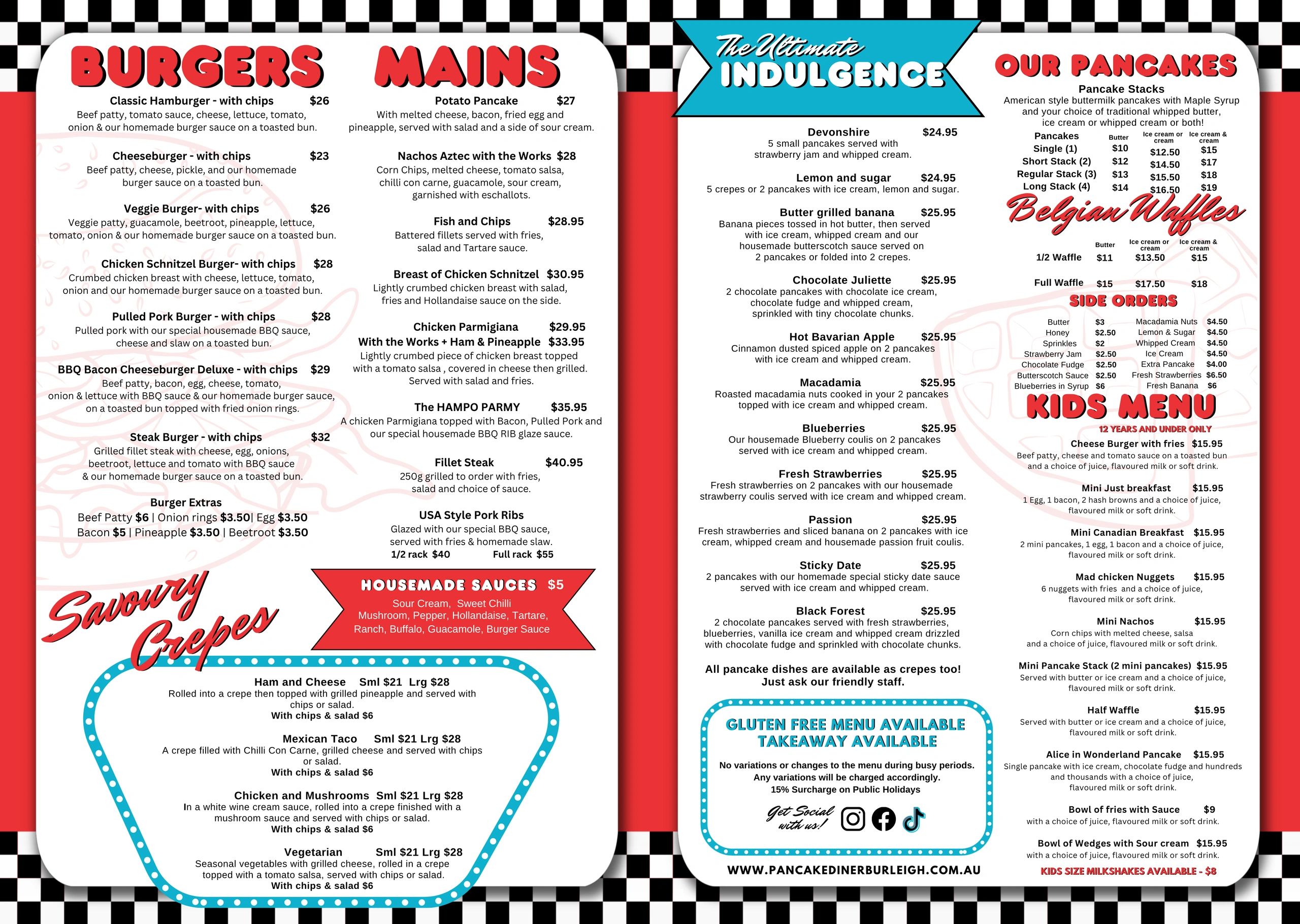 Colorful diner menu featuring burgers, mains, pancakes, waffles, and kids menu items.