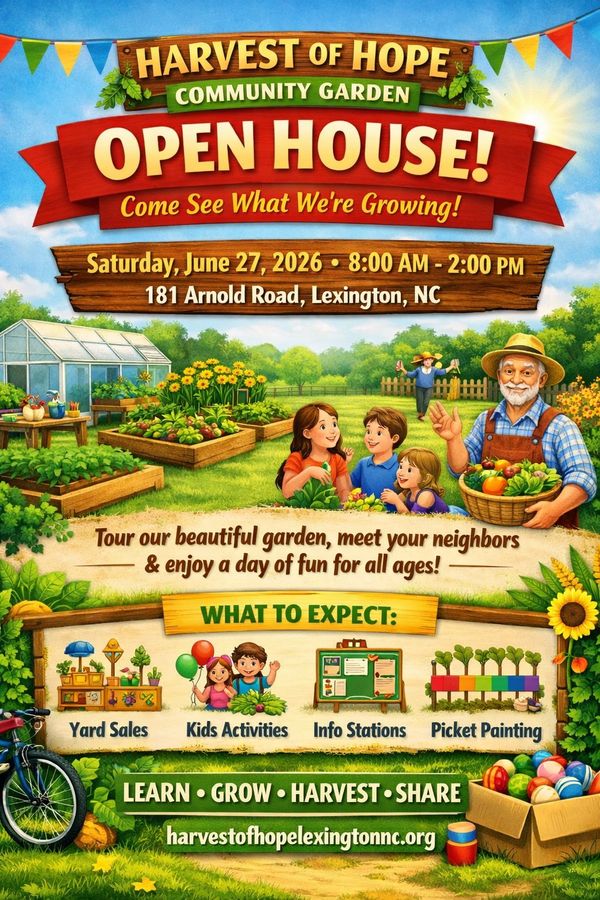 Community garden open house with activities, yard sales, and fun for all ages on June 27, 2026.