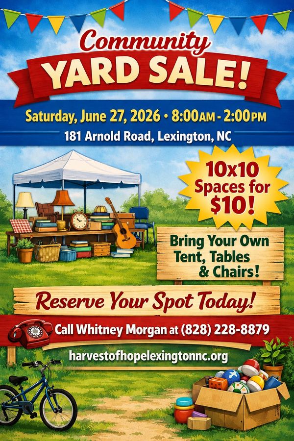 Community yard sale event on June 27, 2026, at 181 Arnold Road, Lexington, NC.