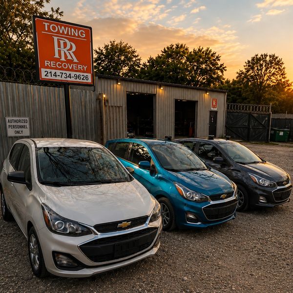 Three Chevrolet cars parked outside a towing and recovery service at sunset.