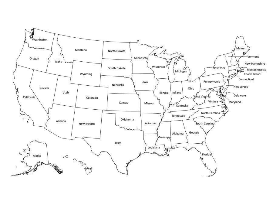 Black and white labeled map of the United States.