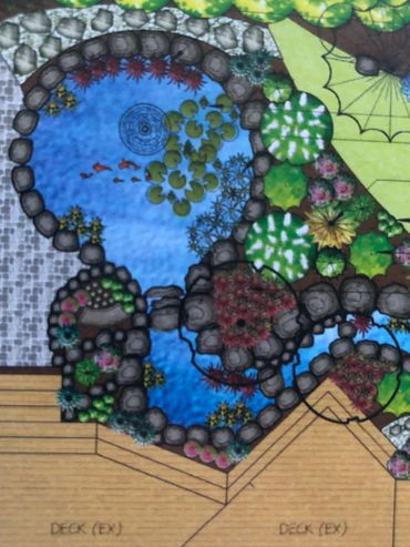 Waterway, upper pond and lower pond with lush plantings.