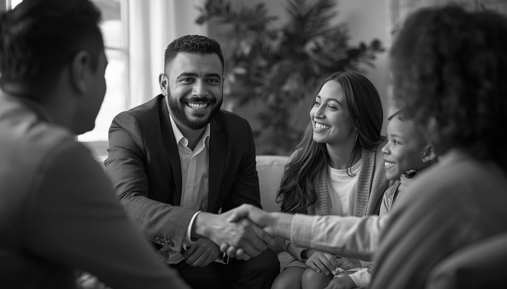 Two people shaking hands during a positive meeting with a smiling family.