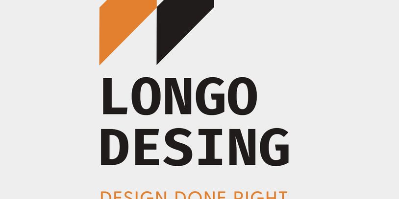 Logo with orange and black parallelograms and text 'LONGO DESING' and slogan 'DESIGN DONE RIGHT'.