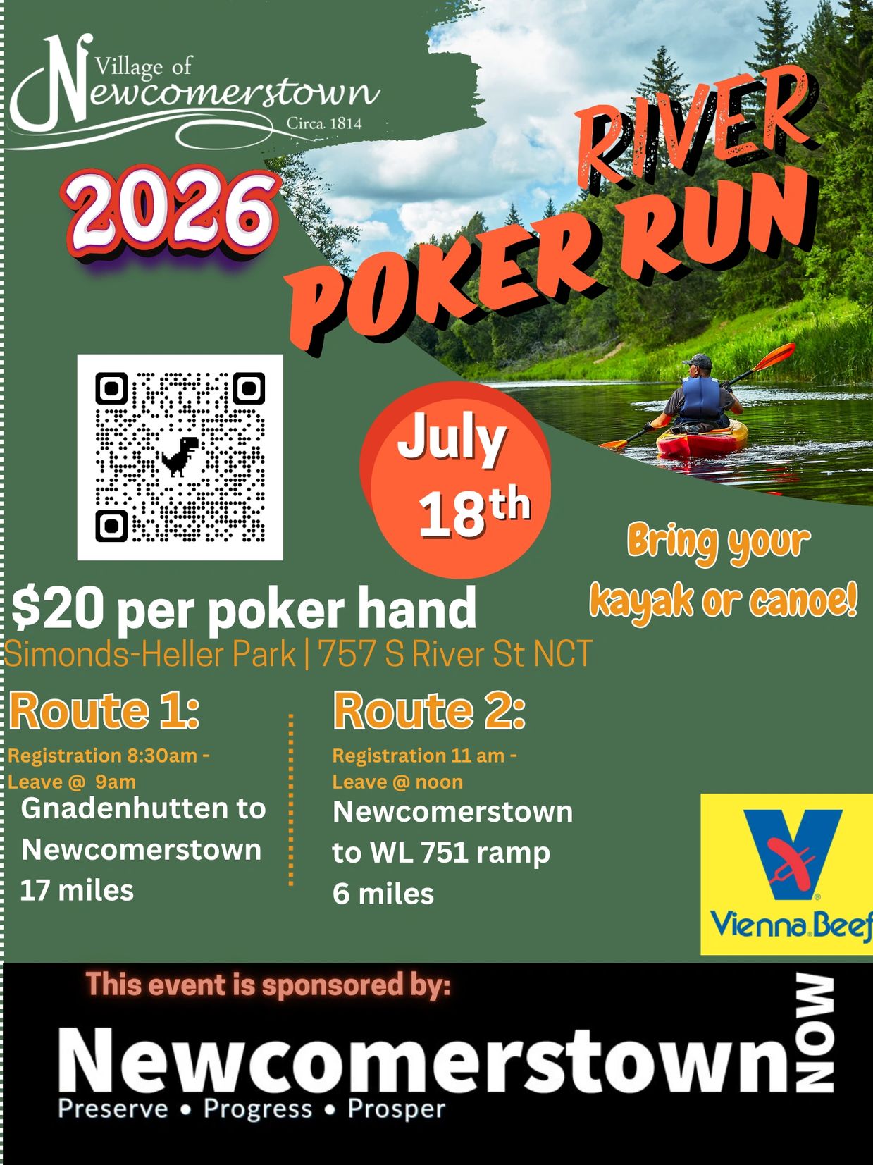2026 River Poker Run event in Newcomerstown, July 18th, with kayaking routes.
