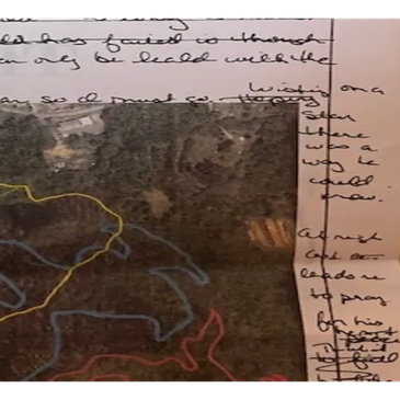 Handwritten notes around a map with colored lines.