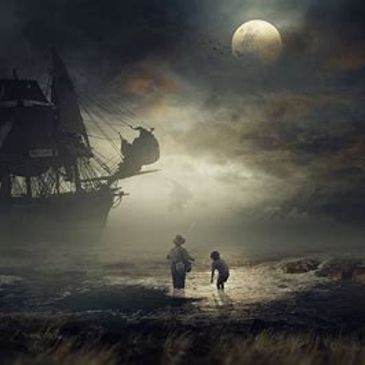 Children looking at a ship under moonlight.