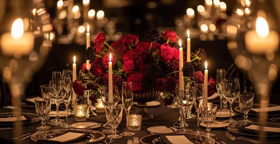 Elegant candlelit table setting with red roses.