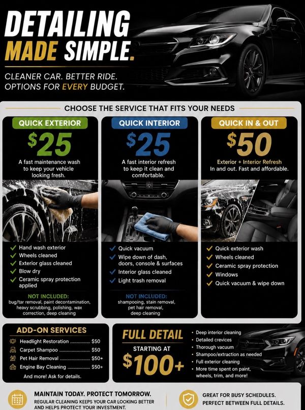 Car detailing services with pricing and options for exterior, interior, and combined cleaning.