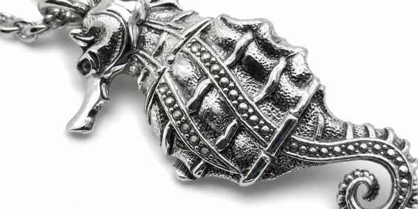 A detailed silver seahorse pendant.