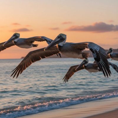 Pelicans flying over the beach at sunset.