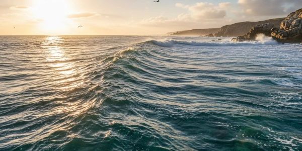 Sunset over a wavy ocean with rocky coastline.