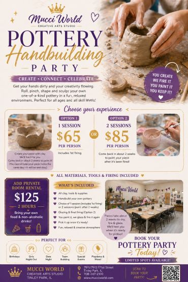 Pottery Handbuilding Party - ! Session or can add 2 sessions