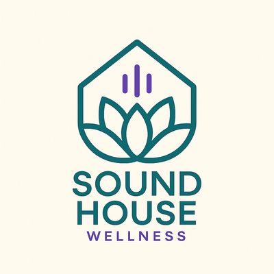 Minimalist logo for Sound House Wellness with lotus and sound wave.