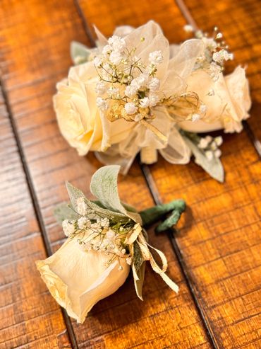 Combo for a couple -Corsage and Boutonnieres for weddings, prom, graduation, or any big milestone.
