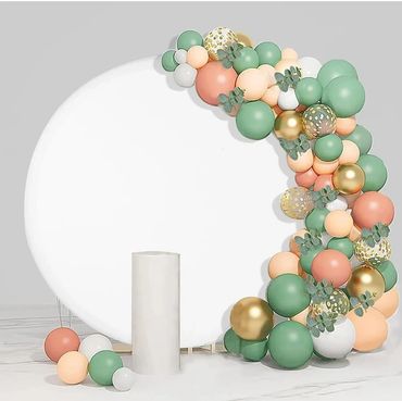 Balloon Arch with white backdrop used for baby showers weddings or engagements or birthday parties.