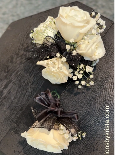 Combo White Rose Corsage and Boutonnieres for weddings, prom, graduation, or any big milestone