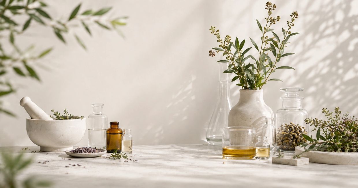 Handcrafted herbal ingredients, botanical oils and natural remedies arranged in a modern apothecary workspace inspired by traditional herbal medicine and holistic skincare.