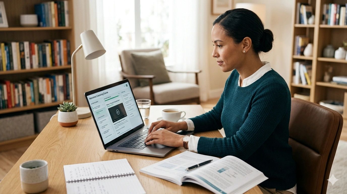 Woman studying with laptop and books in a cozy home office.