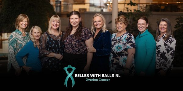 Group of women supporting ovarian cancer awareness.