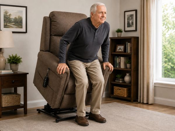 Elderly man standing up from a recliner chair.