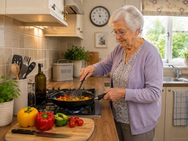 Elderly woman cooking vegetables in kitchen.